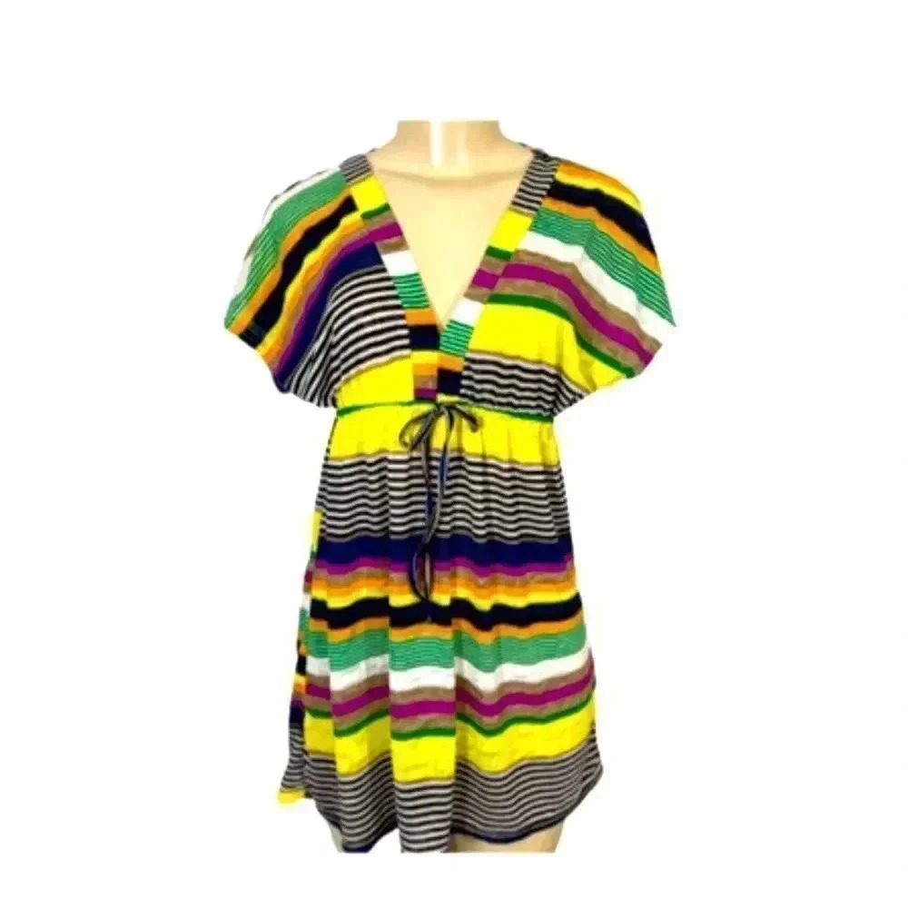 Bathing Suit Cover Yellow Stripe‎ Drawstring Waist Midi Length
